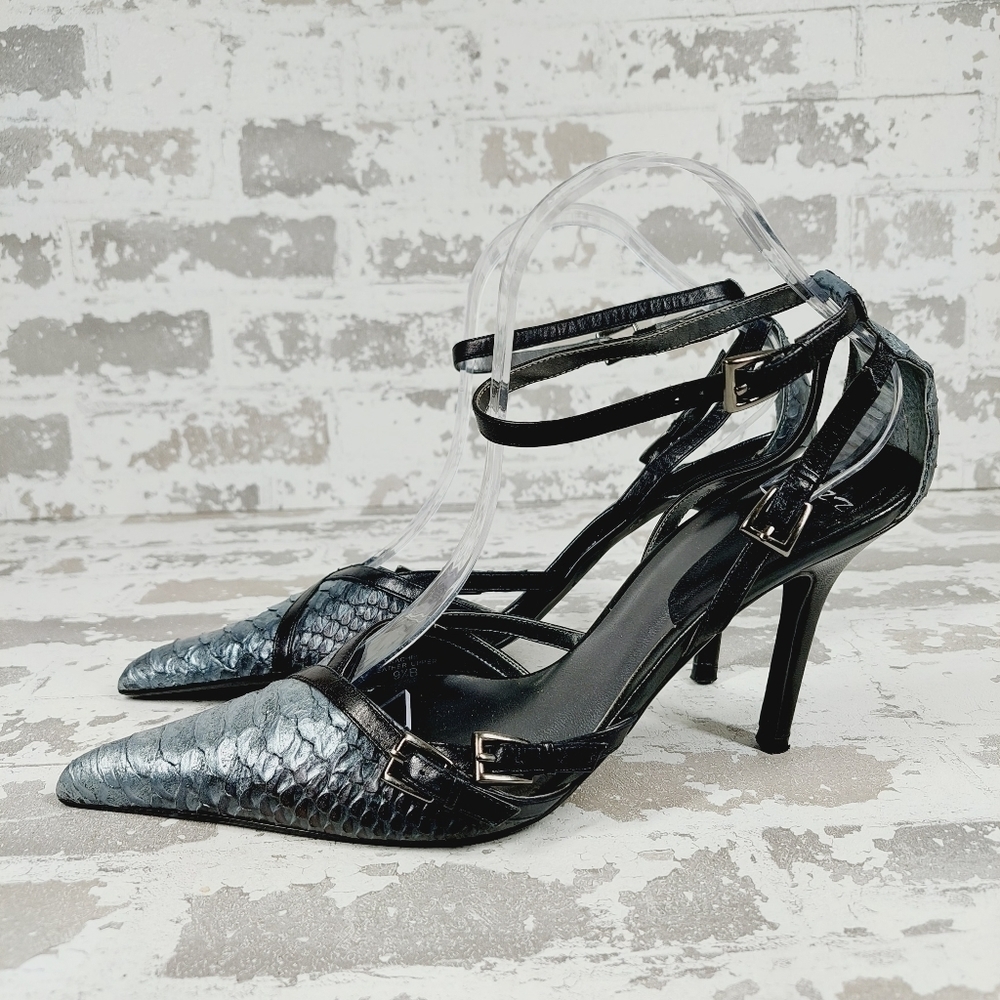 Jazz Metallic Black Blue Pointy Toe Ankle Strap Buckle Crocodile Skin Heels O623